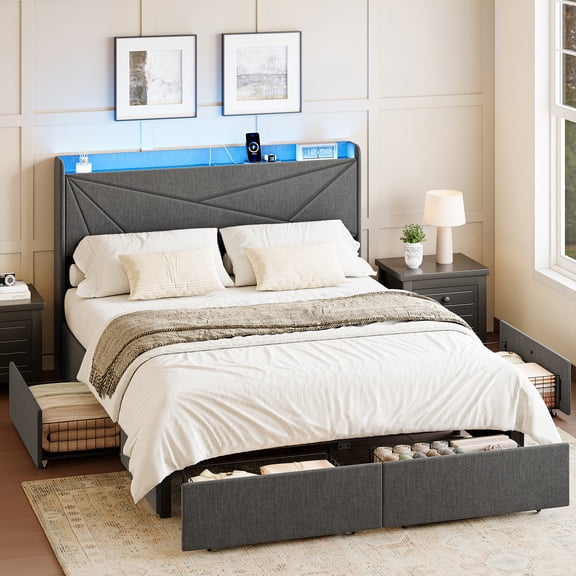 GUNAITO Queen Size Bed Frame with 4 Storage Drawers, Velvet Upholstered LED Bed and USB Ports, Modern Wingback Headboard Bed with Bedside Storage Board, Dark Gray