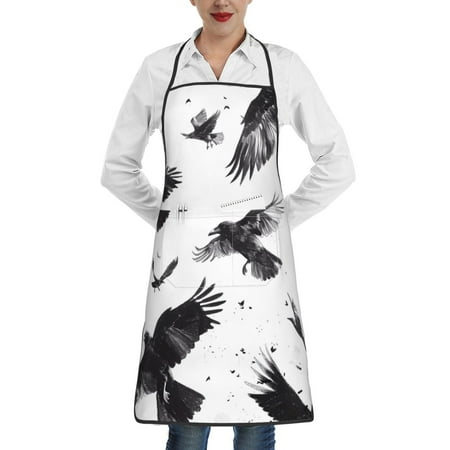 

Qekee Monochrome Flying Ravens Print Adjustable Bib Apron Resistant with Pocket Cooking Kitchen Aprons for Women Men Server Chef Apron