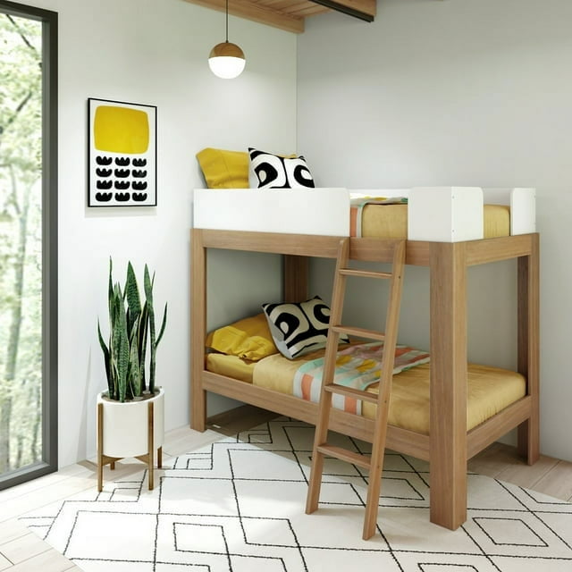 Max & Lily Lit Superposé, Cadre de Lit Moderne Mi-Siècle Simple sur Simple en Bois Massif pour Enfants, Pacane/blanc