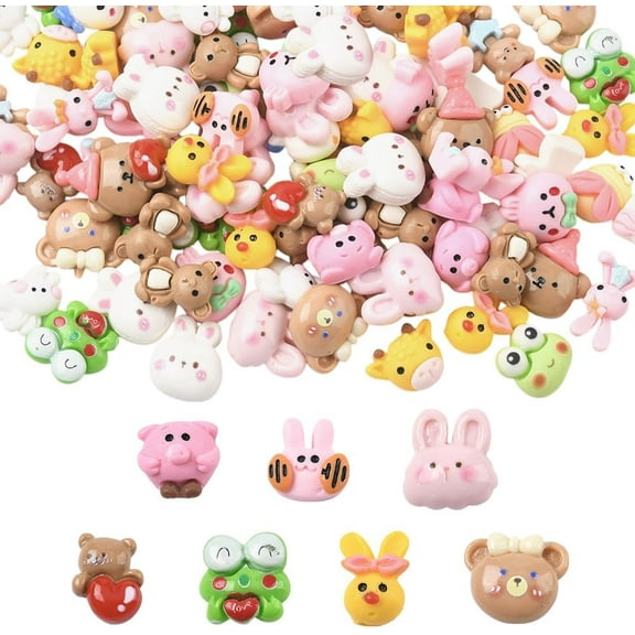 100Pcs Animal Cabochons Flatback Resin Charms Kawaii Colorful Assorted Opaque Cartoon Bear Rabbit 3D Flat Back Embellishments Accessories for Jewelry Nail Hair Clips Phone Cases DIY Crafts