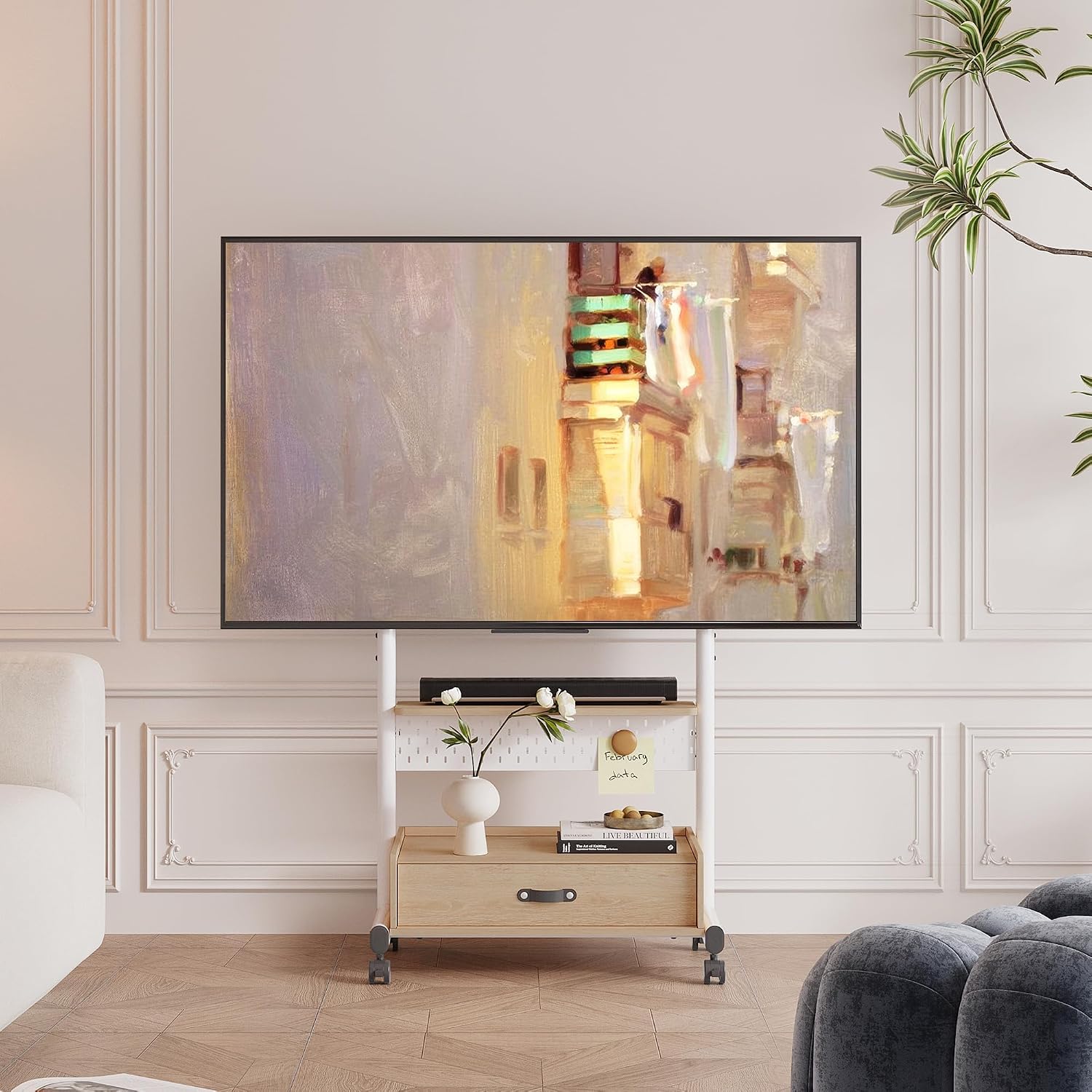 FITUEYES Rolling TV Stand for 40–85 Inch TVs, White, Drawers & Pegboard, Storage Shelf