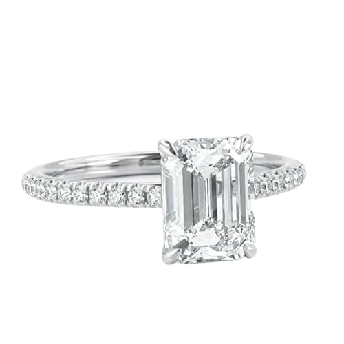 HeartsAndYou 5ct Emerald Cut Moissanite Engagement Ring for Women 18k White Gold over Silver With Round Accents