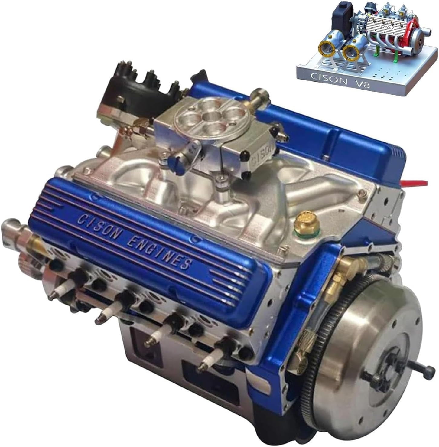 Cison V8 Engine Kit Gas, Gasoline Ohv V8 Small-Block Engine Model Kits, Mini V8 Engine Kits That Runs, Build Your Own Stem V8 Model Engine for Adults, 4-Stroke 44cc Water-Cooled 1/6(Blue)