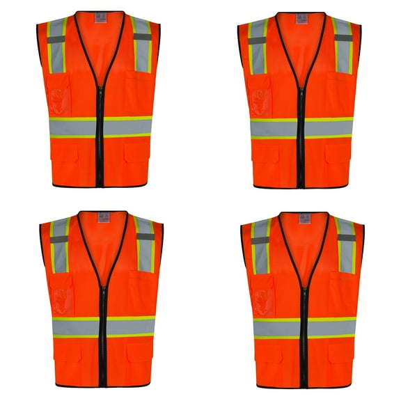 4Pack Everyday ANSI Class 2 with Contrast and Black Trim with 6 Pockets Zipper Vest (ORANGE)