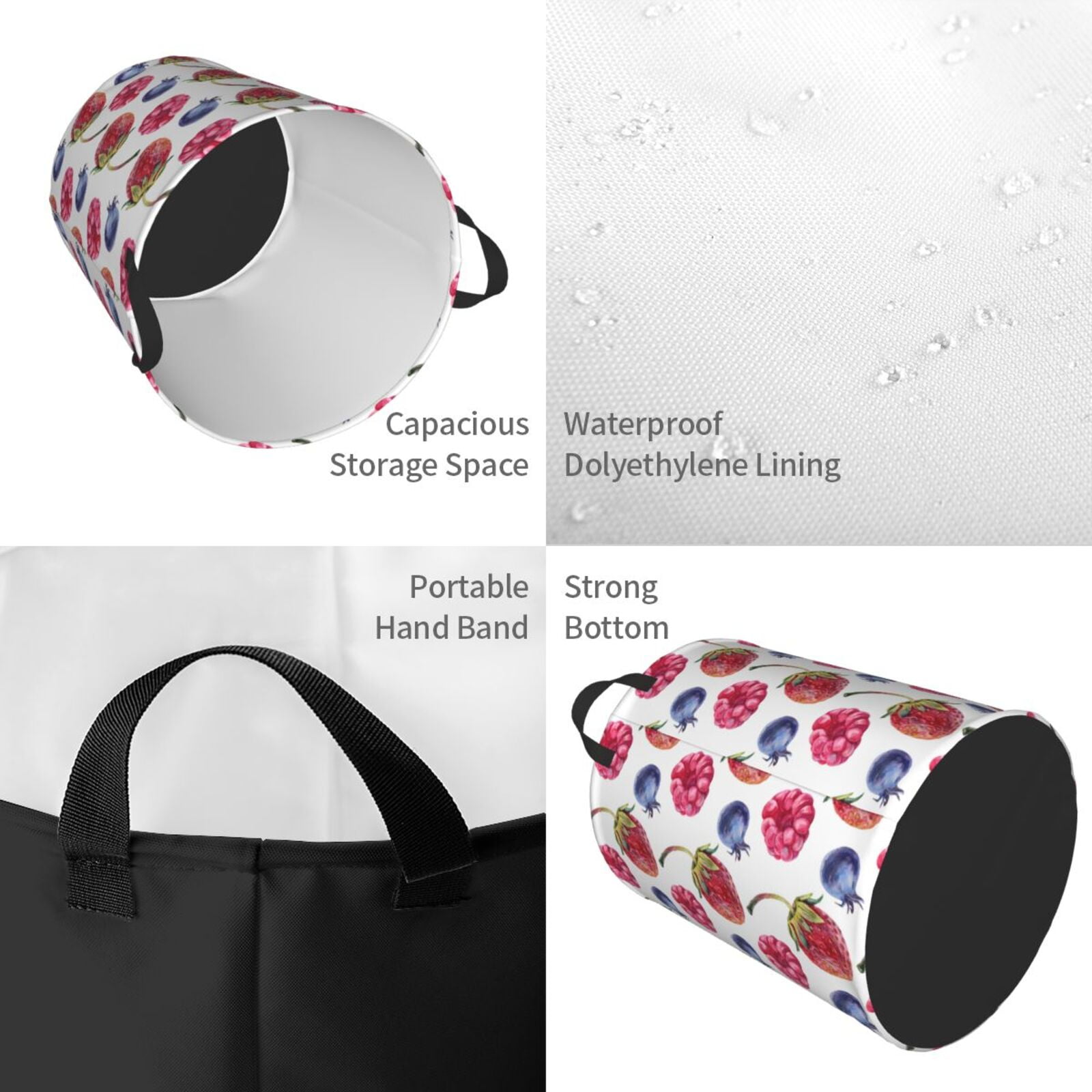 Large Laundry Basket with Handles - Blueberries pattern strawberry Kids Baby Dirty Clothes Laundry Hamper for Bedroom Aesthetic