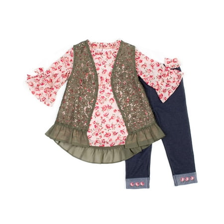 Little Lass Green High Low Boho Vest, Pink Floral Fashion Top with Ribbon Tied Sleeves And Legging, 3-Piece Outfit Set (Little Girls)