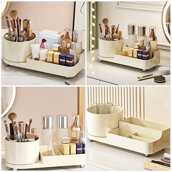 TABLETREANDS Organizador De Cosméticos De Escritorio Beige Con Compartimentos Giratorios Para Almacenamiento Fácil