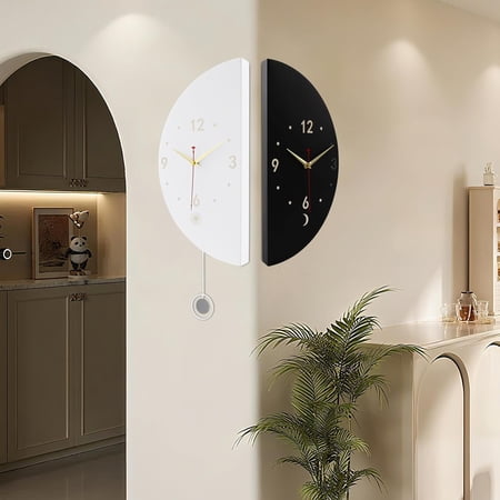 Double Sided Corner Wall Clock with Pendulum & LED Strip, Modern Semicircular Corner Wall Clock, Silent Quartz Movement, Decorative Black White Wall Clock for Living Room Bedroom Kitchen Office Decor