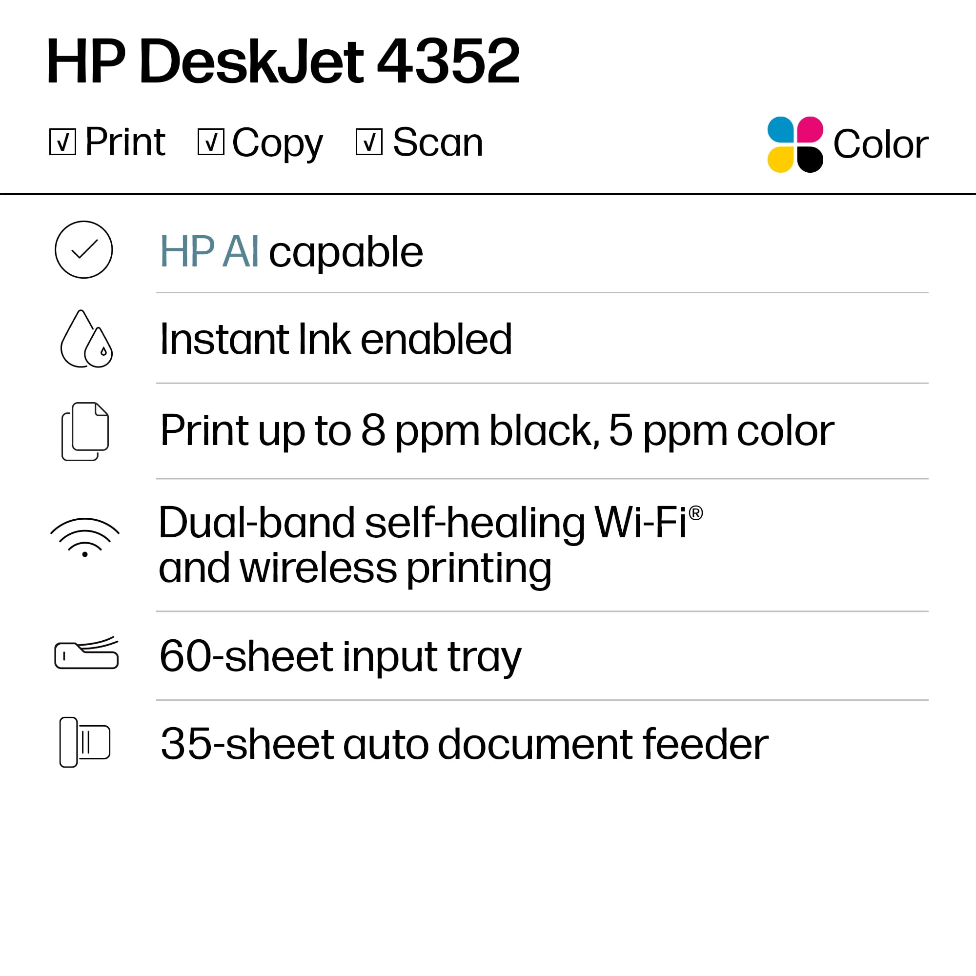 HP DeskJet 4352 Wireless All-in-One Color Inkjet Printer, Scanner, Copier, 3 months Free Instant Ink