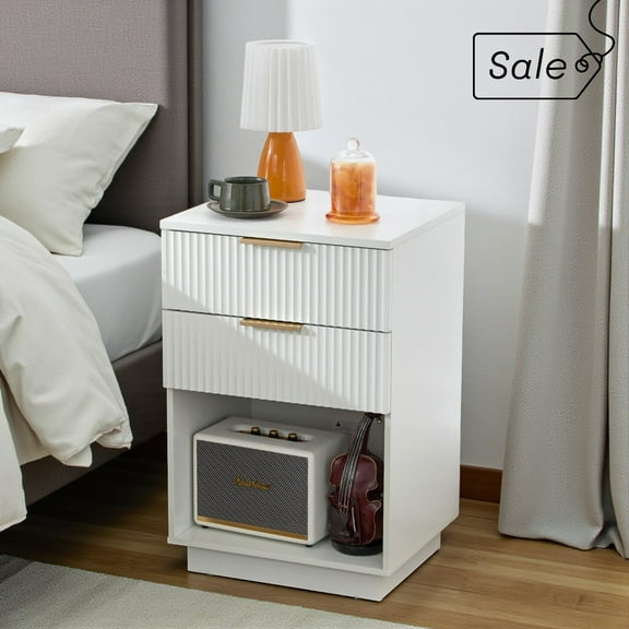 Tcbosik Nightstand with 2 Drawers, Fluted Bedside Table w/ Open Storage Shelf, Modern Accent End Table for Living Room,Bedroom,Small Space 15.75"L x 17.72"W x 27.56"H, White