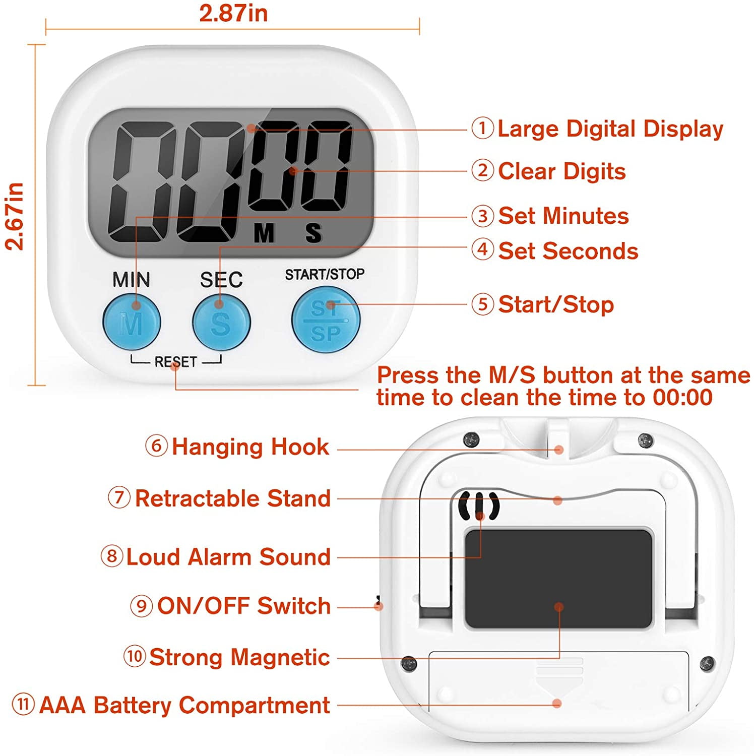 StonyLab 2pk Digital Timer, 2 Pack Basic High Decibel Loud Alarm Countdown Timer Digital Timer Kitchen Timer Event Timer with Magnetic Back and Large
