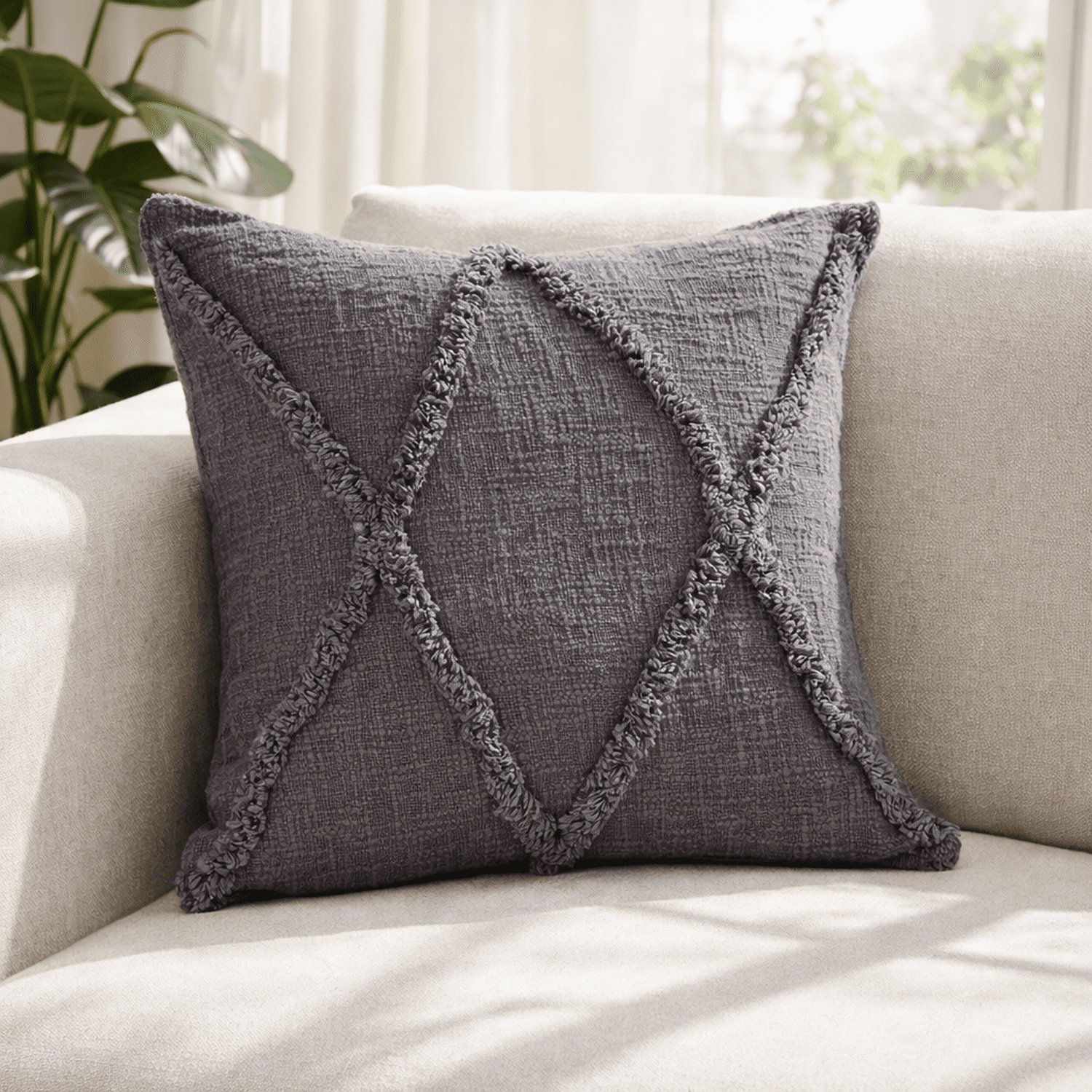 Ox Bay Sara 20" x 20" Dark Gray Shag Diamond Cotton Adult Decorative Throw Pillow