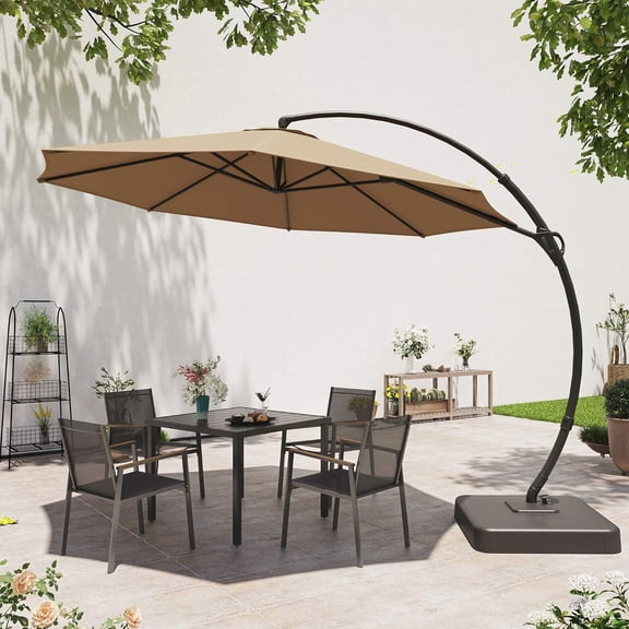 Decksplore 11FT Patio Umbrella with Base, Outdoor Deluxe Curvy Cantilever Umbrella with 360° Rotation for Patio Pool Deck, Champagne