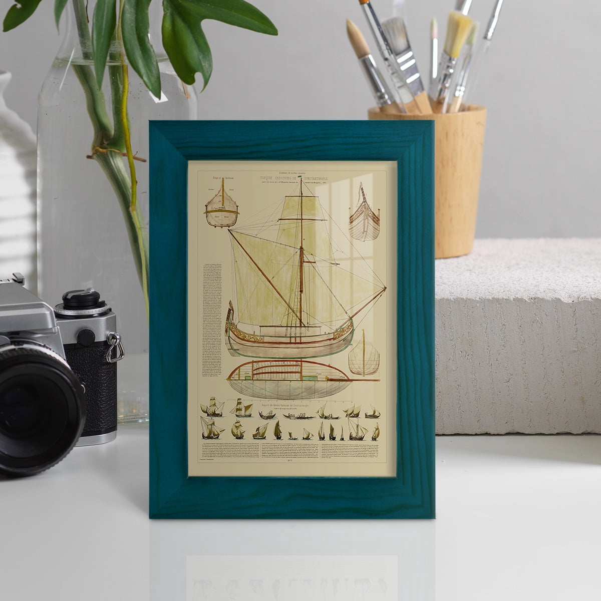 Antique Ship Plan I -Framed Print w/glass-Ocean Blue