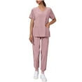 thumbnail image 2 of Feancey Jogger Scrub Sets for Women 2 Piece Nurse Medical Uniforms V Neck Short Sleeve Scrubs Jogging Suits Set Stretchy Casual Summer Outfits Pink XXL, 2 of 10