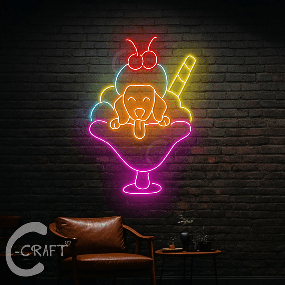 C-CRAFT Dog Ice Cream Neon Light Led Sign 23 inch for Ice Cream Shop Wall Art Decor