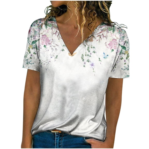 Wycnly Womens Tops Dressy Casual Short Sleeve V-Neck Floral Summer Shirts Lightweight Comfy Loose Fit Ladies Shirts Blouses White XL Clearance Clothes