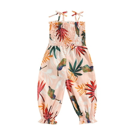 

Eyicmarn Infant Summer Jumpsuit Girls Tie-up Smocked Flower/ Leaf Print Spaghetti Strap Romper