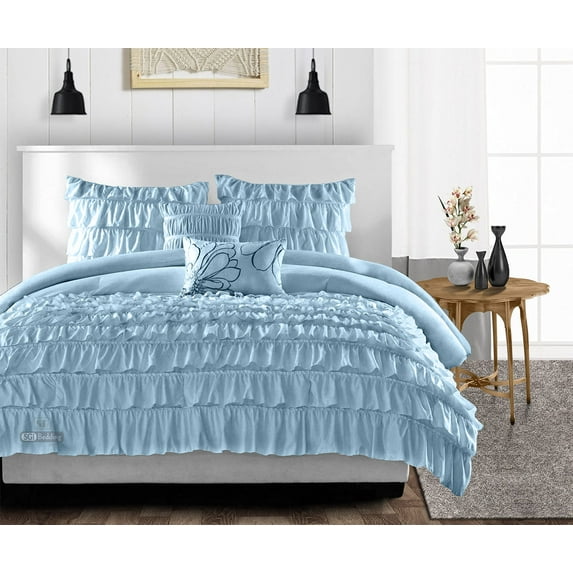 Twin Comforter Multi Ruffle Light Blue 300 GSM Plush Siliconized Microfiber Fill Duvet Insert With 1000 Thread Count Egyptian Cotton Shell Fluffy with Piping & Pillowcases