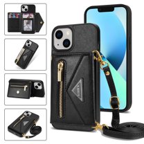 Feishell Fit for iPhone 14 Plus (6.7 inch) Case with Adjustable Shoulder Strap,Luxury Premium PU Leather Back Magnetic Buckle Flip Card Pocket Zipper Wallet Crossbody Phone Case,Black