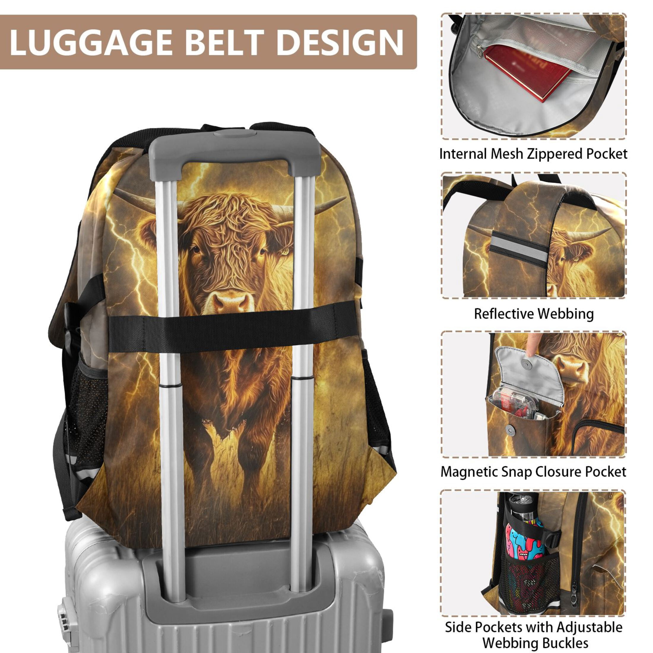 ALAZA Cow Lightning Field Print Student Backpack School Bookbag Large Laptop Daypack Travel Bag