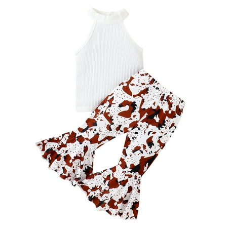 

ZHAGHMIN 2 Piece Dance Outfits For Girls Toddler Girls Sleeveless Ribbed Tops Vest Floral Leopard Prints Bell Bottoms Pants Outfits Baby Girl Registry Must Haves Cute Clothes For Young Teen Girls Ne