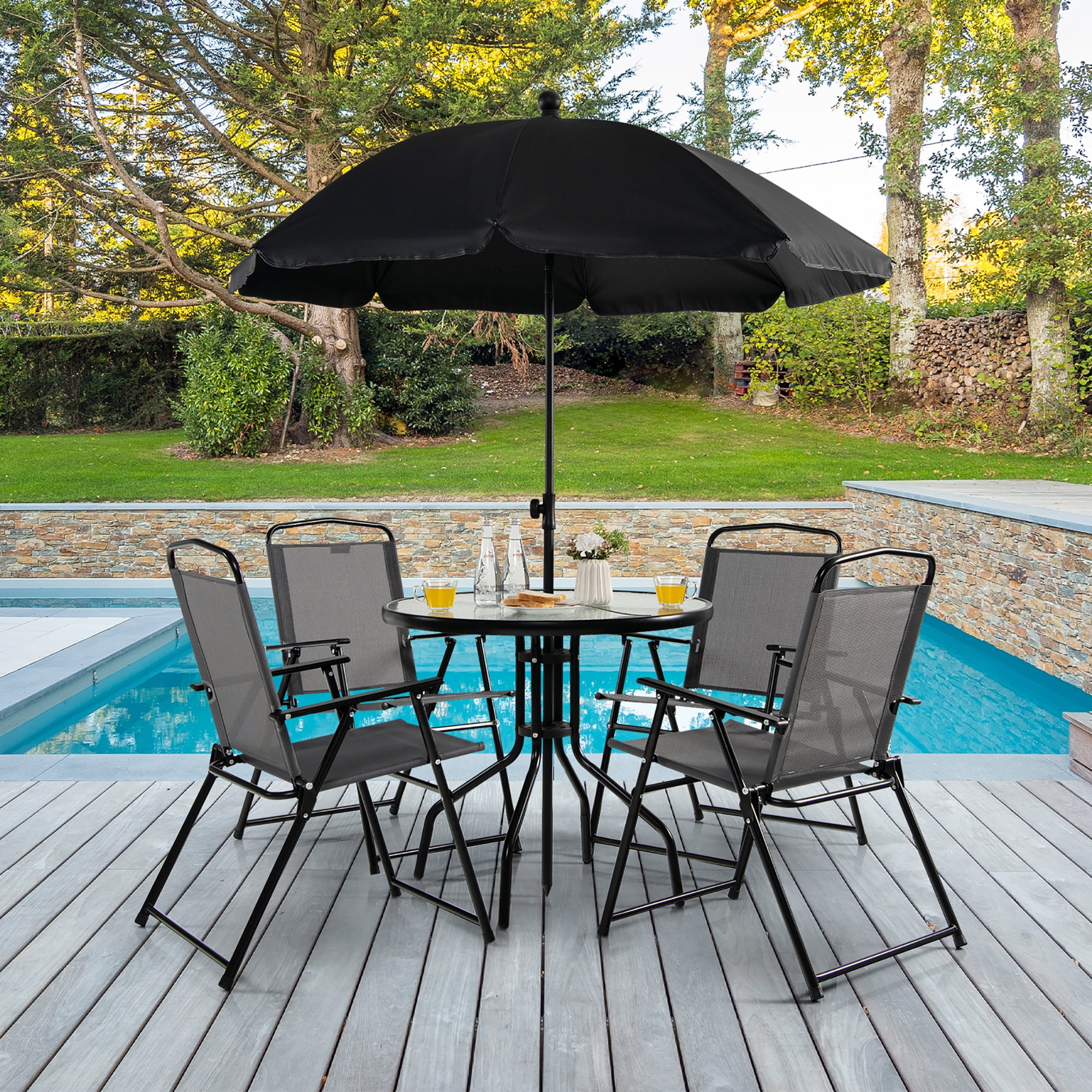 Gymax 6PCS Patio Garden Dining Set w/ Round Table & 4 Folding Chairs