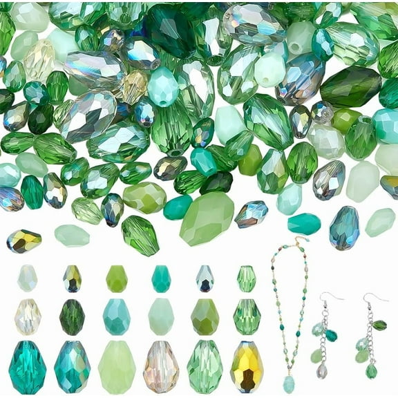 210Pcs 3 Styles Glass Teardrop Beads Green Faceted Drop Spacer Loose Beads Briolette Top Drilled Pendants Drop Beads for DIY Crafts Bracelets Necklace Earrings Jewelry Making