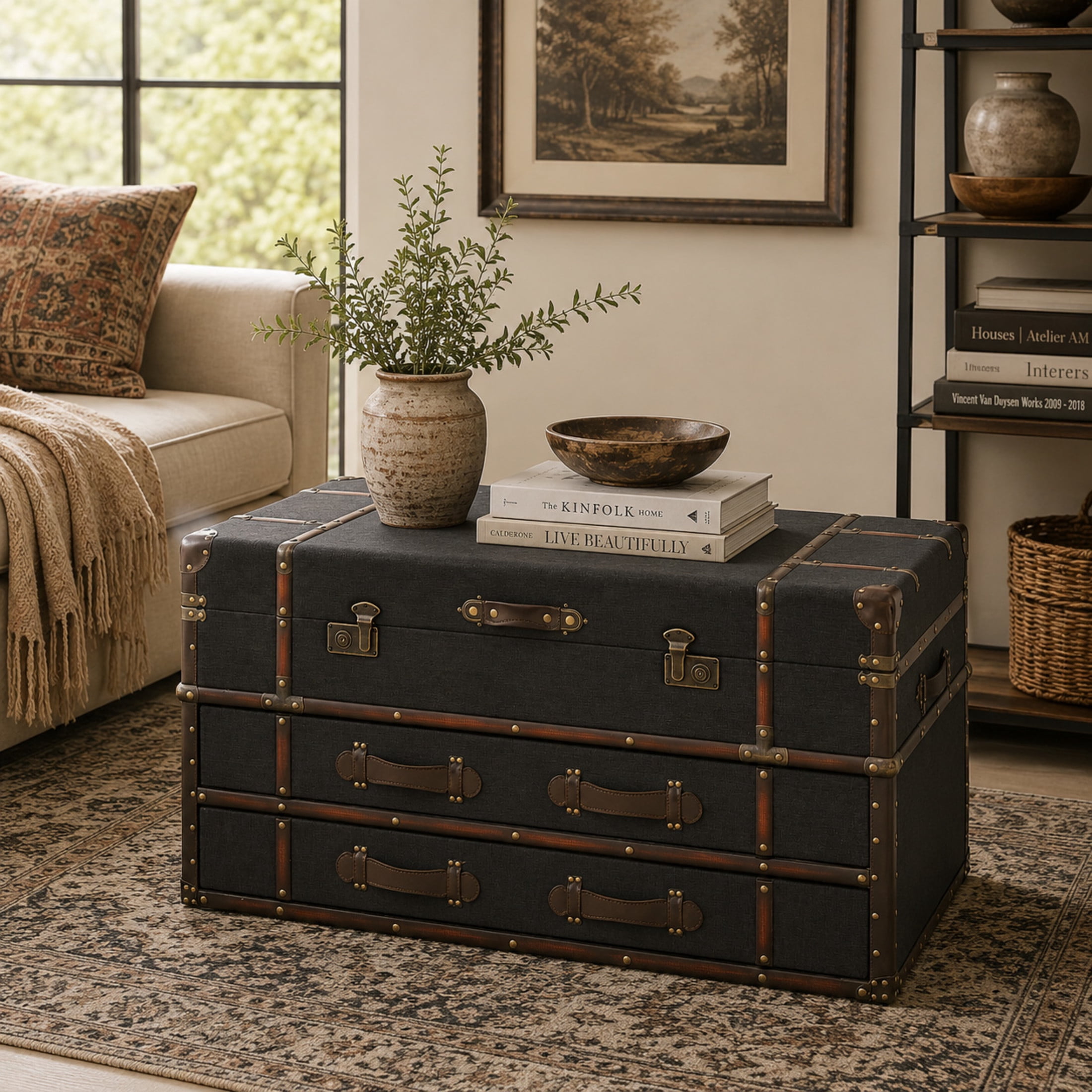 DecMode 40" x 21" Dark Blue Linen Fabric Upholstered Trunk 2 Drawer Coffee Table with Buckle Hinged Top, 1-Piece