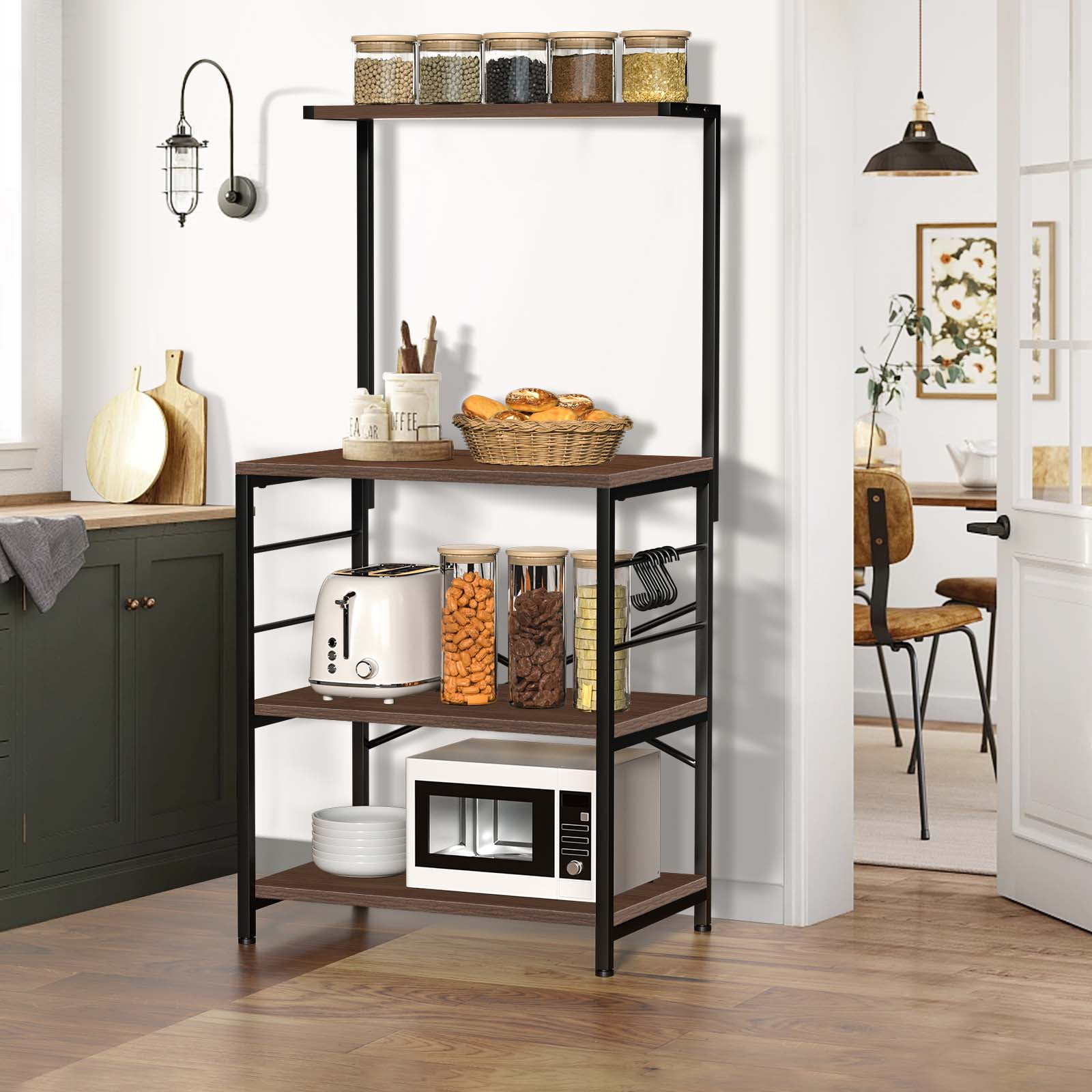 Kitchen Storage Cabinets Kitchen Bakers Racks with Storage Holder on Wheel  Table Microwave Oven Stand Storage Cart with Wire Basket Metal Frame