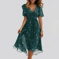 thumbnail image 2 of Qwertyu Spring Dresses for Women 2025 Boho Floral Printed Chiffon Dresses Elegant V Neck Belted Summer Wedding Prom Cocktail Midi Dress Dark Green L, 2 of 7