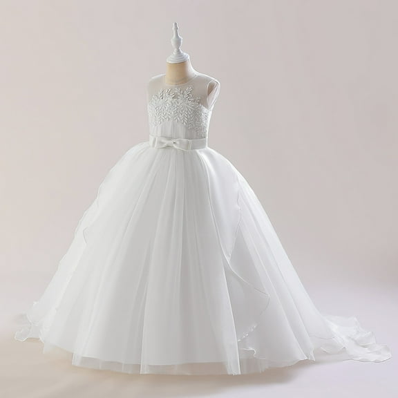 YOUSNH Toddler Girls Sleeveless Floral Embroidery Lace Tulle Ruffles Party Evening Dress Wedding Dress Girls' Dresses White 13-14 Years