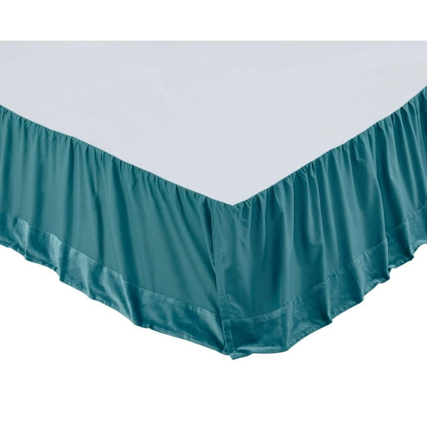 Teal Green Farmhouse Bedding Eleanor Cotton Split Corners Gathered Velvet Solid Color King Bed Skirt Com Velvet Solid Color King Bed Skirt, Turquoise King Size Bed Skirt