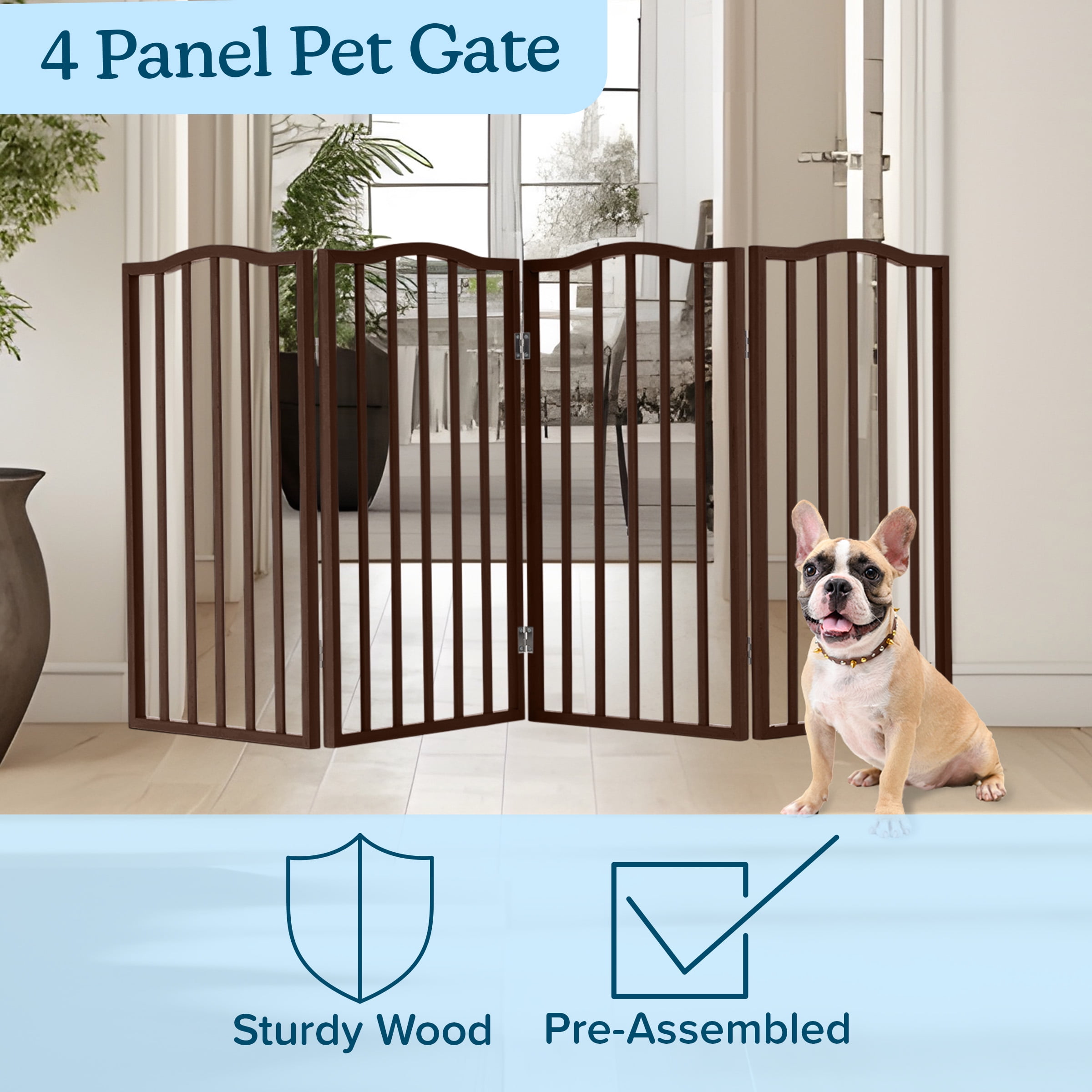 PETMAKER 4-Panel Indoor Foldable Pet Gate for Stairs or Doorways (Brown)