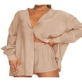 thumbnail image 2 of Women Two-piece Pants Suit  Solid Color Long Sleeve Blouse and Drawstring Elastic Waist Shorts, 2 of 7