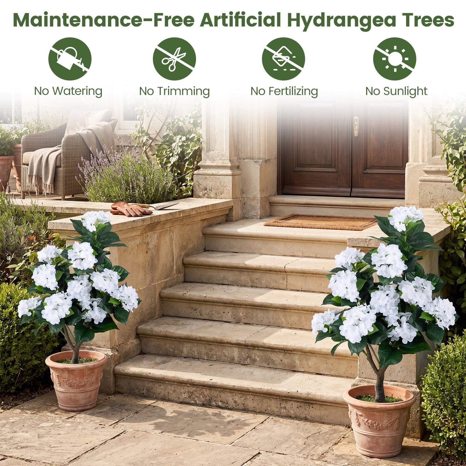 Gymax 2-Pack Artificial Hydrangea Tree 43.5'' Faux Flower Plants w/ 11 Blooms & Realistic Trunk in Cement Pot