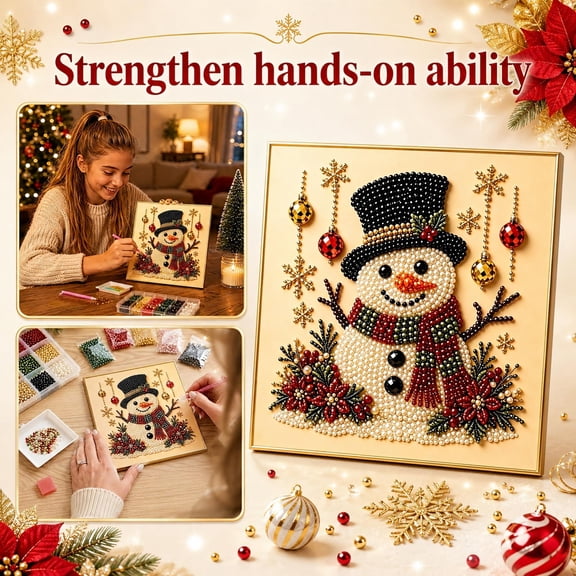 Christmas Decoration DIY Pearl Diamond Painting Art Kit, Snowman Desktop Ornament for Adults, Beginner‑Friendly Hanging Kit for Home Wall Decor 7.8*7.8In