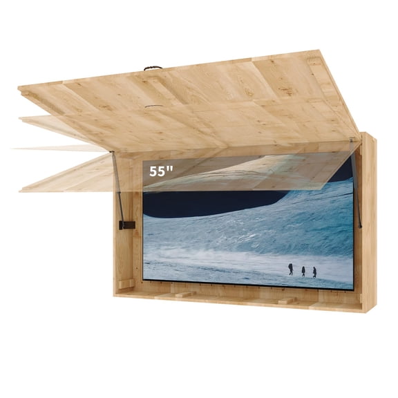 Towallmark Outdoor TV Enclosure for 44-55 inch TVs, Solid Wood Weatherproof Cabinet with 4D Adjustable Mount & Fold-Up Door, Includes Dust Cover & Handle, Patio Beach TV Box, wood