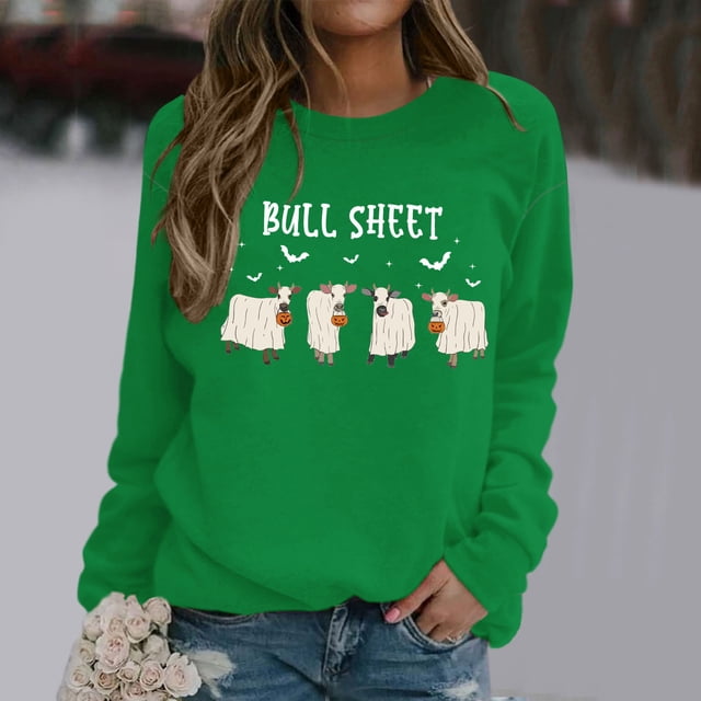Chandail en Molleton Bull Sheet pour Femmes Oversize Chandail à Capuchon Halloween Chandails en Molleton Col Rond Manches Longues Chandail Top