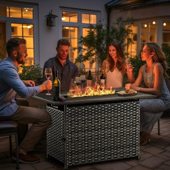 Gymojoy 41 in. Rectangle Gray Wicker and Metal Propane Gas Outdoor Fire Pit Table with Lava Rocks and Lid, 50000 BTU