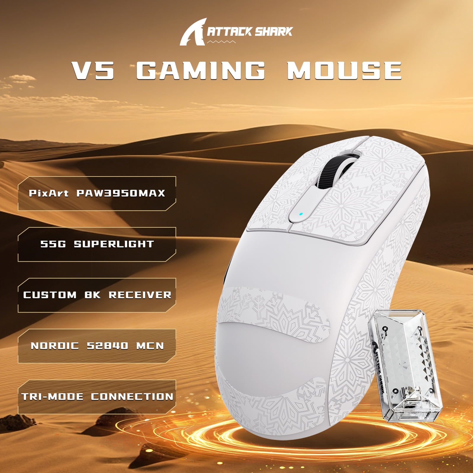 ATTACK SHARK V5 Wireless Gaming Mouse, Tri-Mode 2.4G/USB-C Wired/Bluetooth, PAW3950MAX Sensor, 42000 DPI, 55g Ultra-Lightweight Design, Grip Tape Included, White