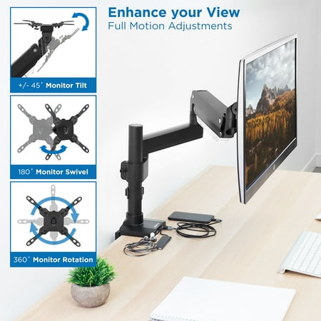 Mount-It! - Single Monitor Desk Mount with USB and Multimedia Ports - Black