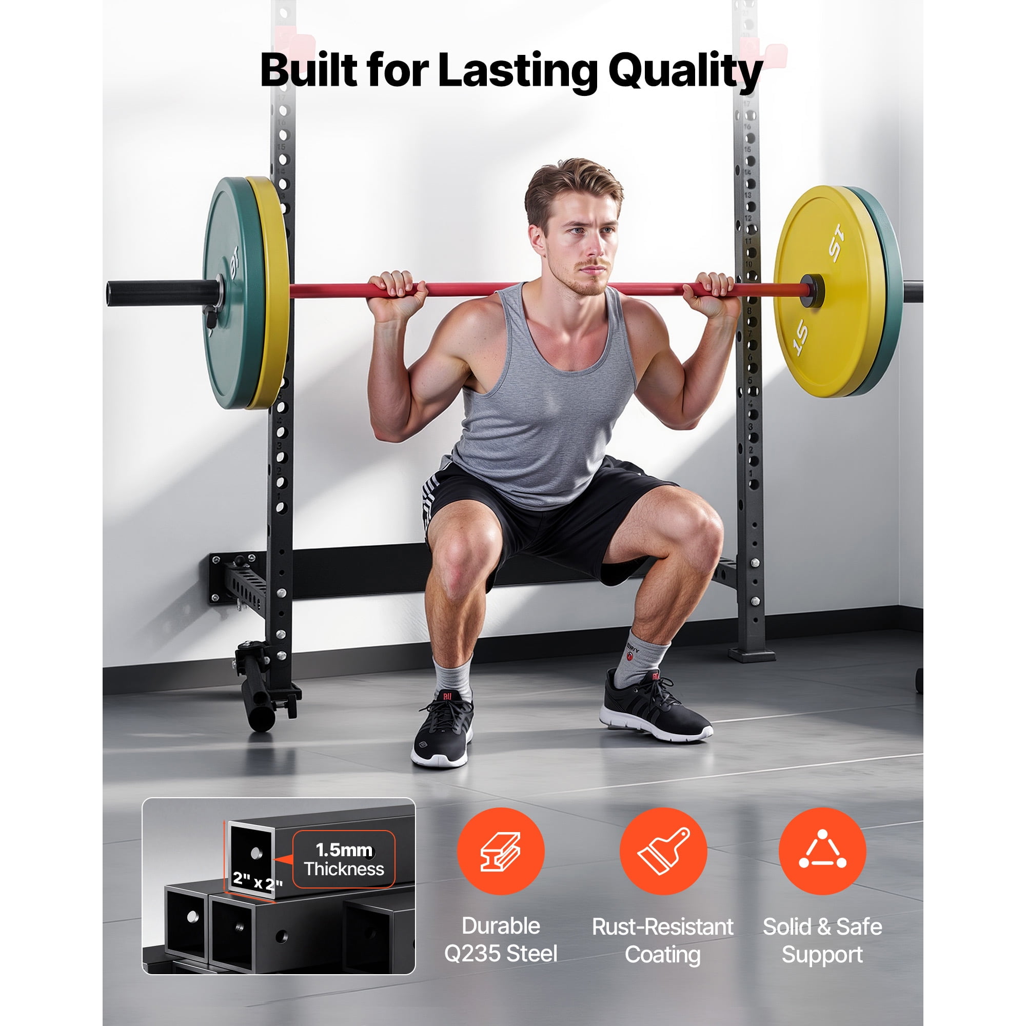 KFFKFF Folding Wall-Mounted Power Cage, Multifunctional Squat Rack for Strength Training, Home Gym Equipment with Adjustable J-Hooks, Pull-Up Bar, Landmine Holder, and 1000LBS Weight Capacity