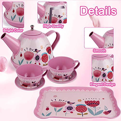 TUPARKA Tea Set for Little Girls Princess Tea Time Toy Teapot Tray Cake Dessert Cookies Tablecloth Gloves with Carrying Case Kid Kitchen Pretend Play for Girls Boys Flower 
