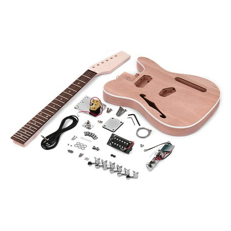 Muslady TL Tele Style Unfinished Electric Guitar DIY Kit Mahogany Body with F Soundhole Maple Wood Neck Rosewood