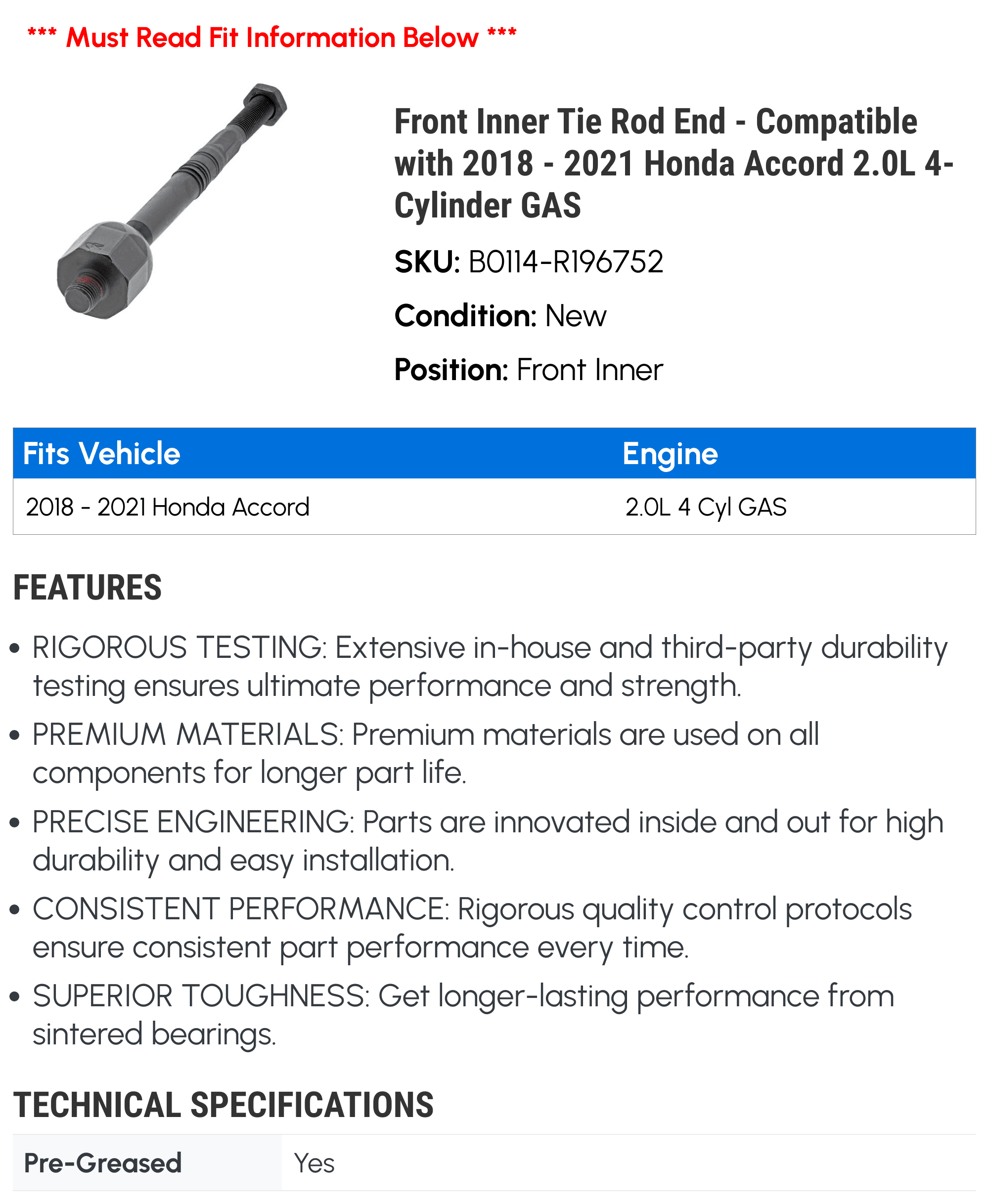 Front Inner Tie Rod End - Compatible with 2018 - 2021 Honda Accord 2.0L 4-Cylinder GAS 2019 2020