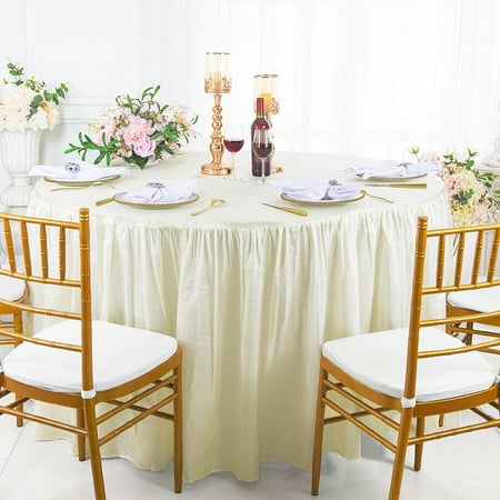

Wedding Linens Inc. 72 W x 30 H Round Ruffled Fitted Crushed Crinkle Taffeta Tablecloth Table Cover Linens With Skirt - Ivory