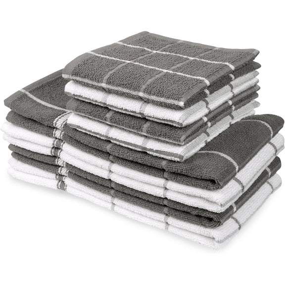 MALLOWEX Kitchen Towel and Dishcloth Set, Pack of 8 | 12 x 12 and 16 x 26 Inches | Super Soft and Absorbent | 100% Cotton Dish Rags for Drying Dishes | Light Grey