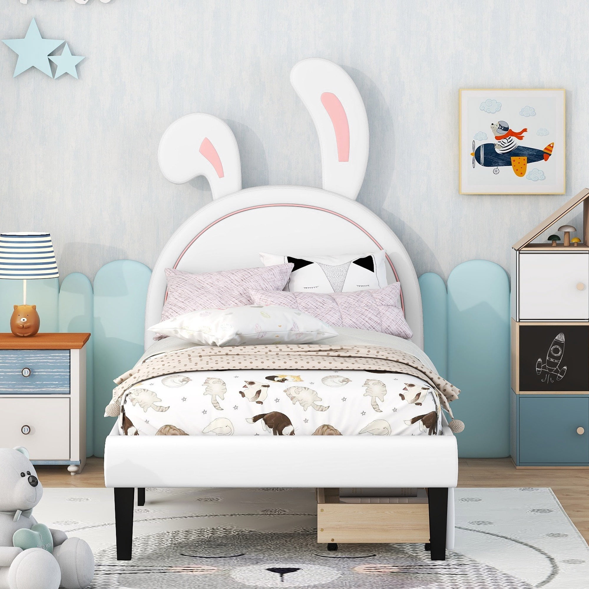 Leumius Twin Size Upholstered Platform Bed with 4 Drawers & Rabbit Ornament Headboard,PU Leather Bed Frame for Boys and Girls,White