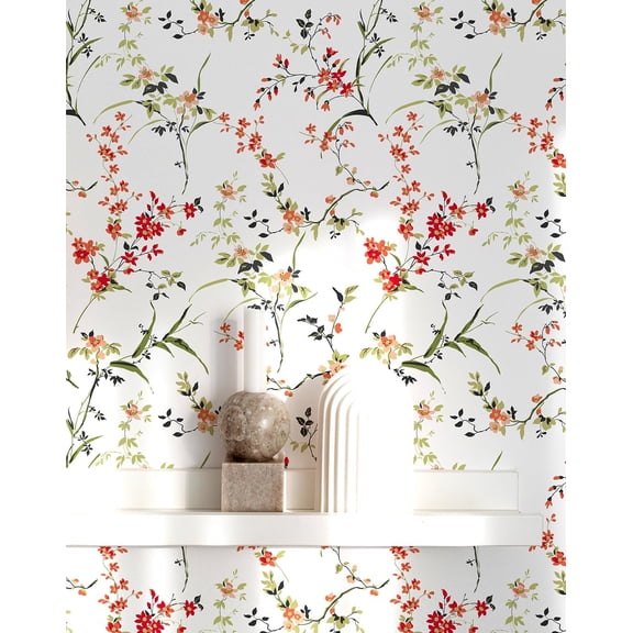 Floral Peel and Stick Wallpaper - Self Stick Flowers Wall Paper for Bedroom Kitchen- Renter Friendly Mural Cabinets Contact Paper (Spring Red Floral, Sample - 17.7" X 78.74")